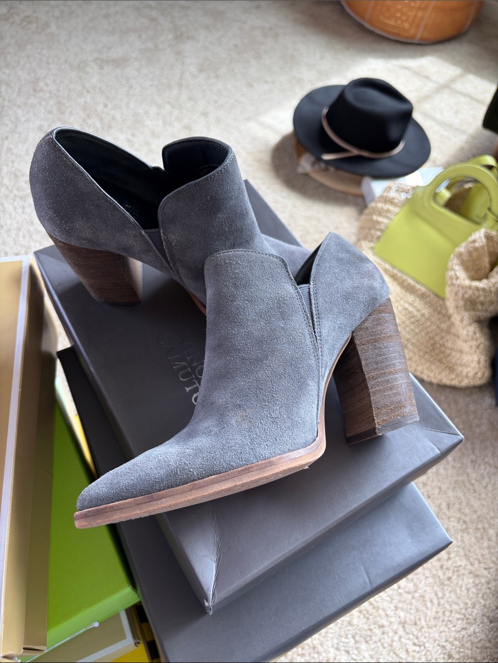 Vince Camuto Gray Suede Stacked Heel Ankle Booties